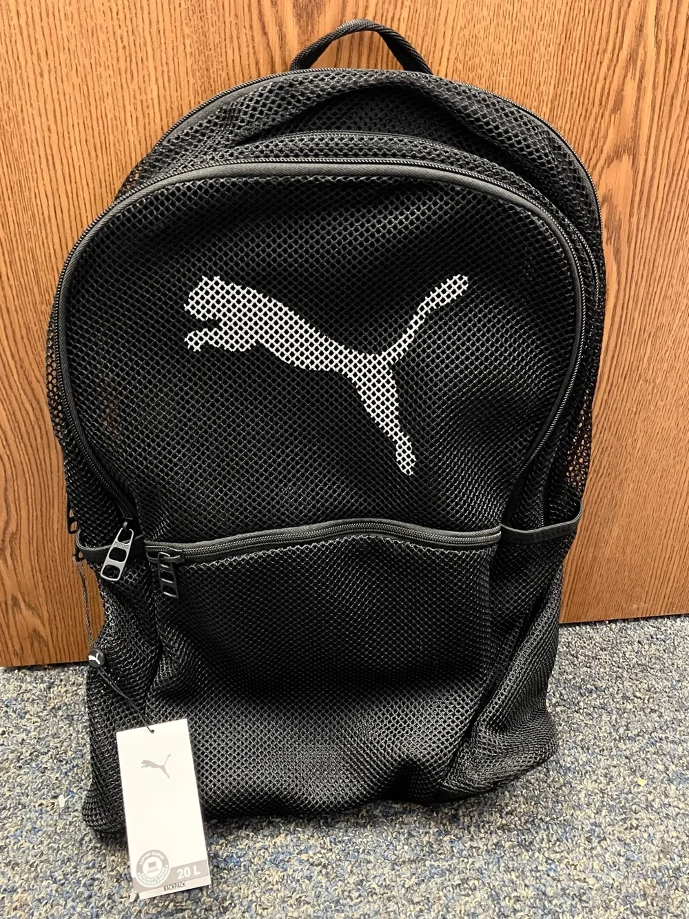 Puma Black Mesh Backpack with White Logo Back Pack Bag NWT